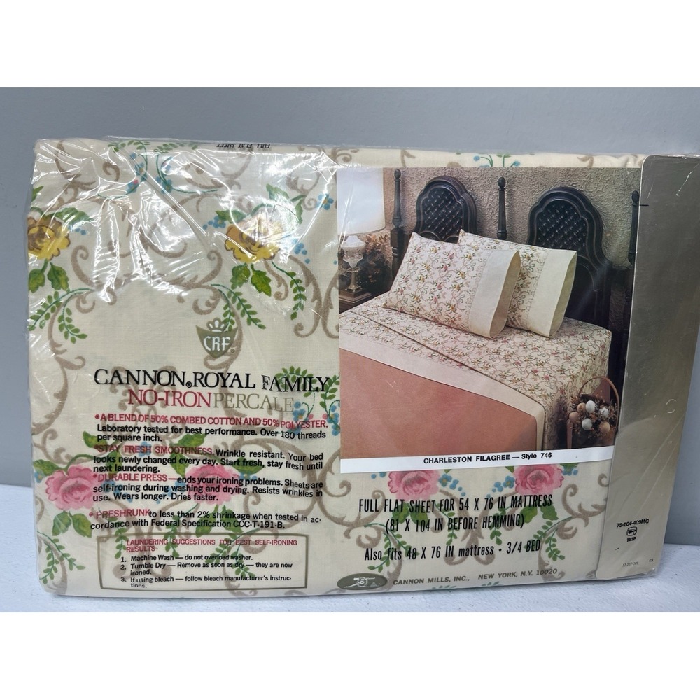 Vtg Cannon Royal Family Bed Set Charleston Filigree Double Flat, Fitted Pillows - Picture 14 of 15